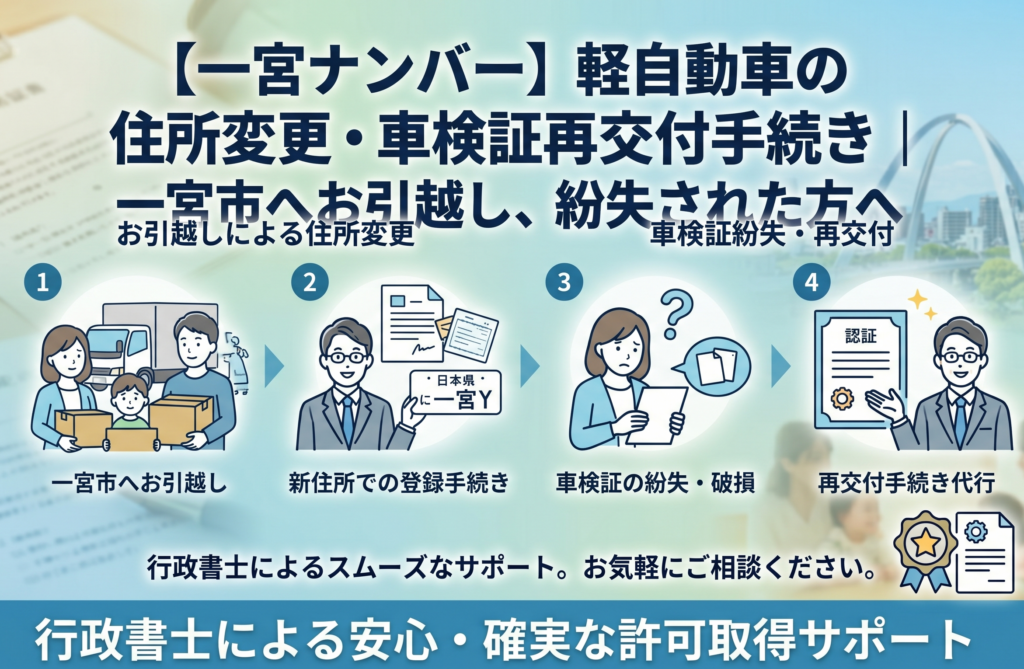 【一宮ナンバー】軽自動車の住所変更・車検証再交付手続き｜一宮市へお引越し、紛失された方へ｜安備行政書士事務所