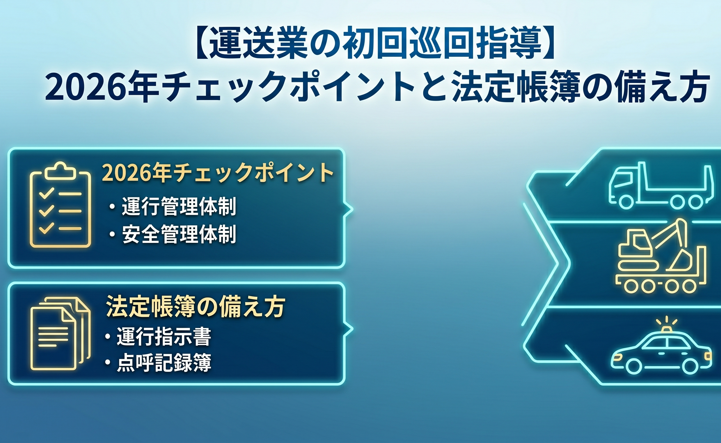 【運送業の初回巡回指導】新規許可後最大の試練！2026年チェックポイントと法定帳簿の備え方｜安備行政書士事務所・愛知県一宮市